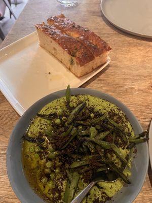 Green pea gaspacho and focaccia   at Two Chaps in Marrickville