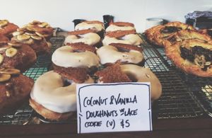 Vegan coconut and vanilla doughnuts with lace cookie at Two Chaps in Marrickville