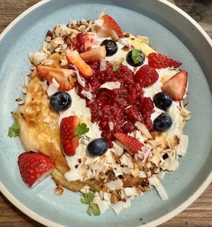 Raspberry & Rose Pancakes  at Two Chaps in Marrickville