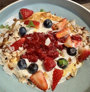 Raspberry & Rose Pancakes  at Two Chaps in Marrickville