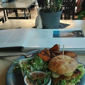 Delicious  house-made tempeh burger  at Terapija in Riga