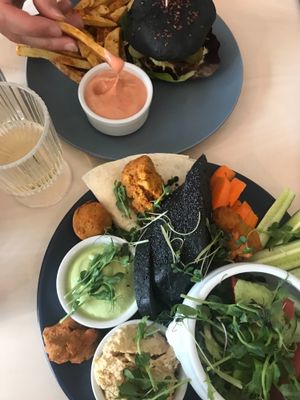 tapas plate & seitan burger  at Terapija in Riga