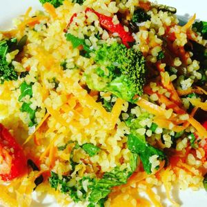 Bulgur wheat, carrot, kale and sunblushed tomato salad with fresh herbs, pumpkin seeds and peanut dressing at Souper Juice in Tunbridge Wells