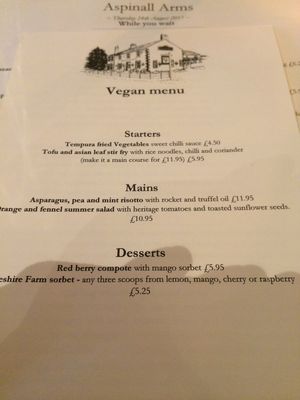 august 17 menu at The Aspinall Arms in Clitheroe