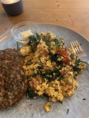 Tofu scramble with seed bread and vegan butter #Veganuary at Emmi's Kitchen - Glockenbach in Munich