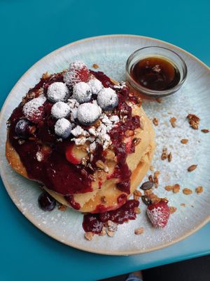 American pancakes with maple sirup and topping at Emmi's Kitchen - Glockenbach in Munich