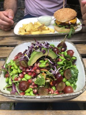 Healthy Wealthy Salad (+ avocado) and Jalapeño Burger - 10/10 recommend both! at Emmi's Kitchen - Glockenbach in Munich