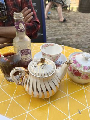Tea and dandelion and burdock  at Scarlett's Vintage Tea Rooms in Knaresborough