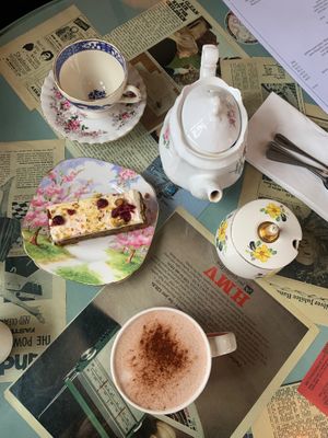 Vegan winter spice cake, mango & strawberry tea, vegan hot chocolate  at Scarlett's Vintage Tea Rooms in Knaresborough