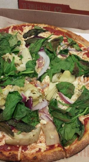 vegan pizza, daiya cheese, artichokes, basil, onion, roasted garlic, red sauce, etc at Blaze Pizza in Oklahoma City
