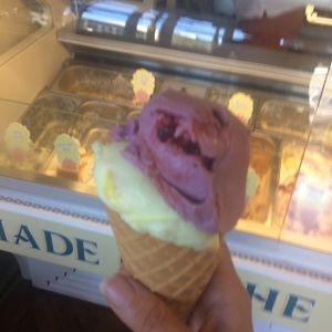 A double cone with banoffee and black forest ice cream at Crave Ice Cream in Ventnor