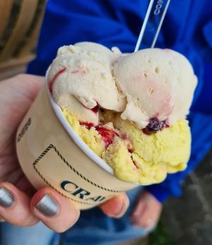 Blackcherry donut and Bakewell ice creams at Crave Ice Cream in Ventnor