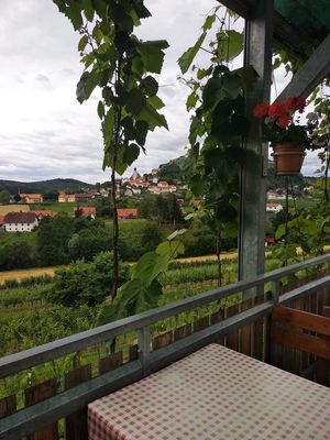 Excellent views from the terrace of the restaurant on the  village and castle at Buschenschank Bernhart in Riegersburg