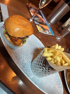 Quorn buttermilk burger with fries   at Banyan Bar & Kitchen in Manchester
