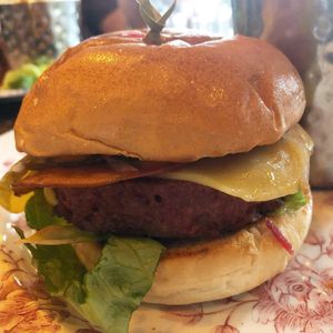 Beyond meat burger with vegan bacon and vegan cheese  at The Cosy Club in Manchester