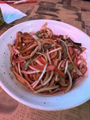 Udon noodles just ask for no chicken no egg sub tofu and extra veggies   at Hawkers in Jacksonville