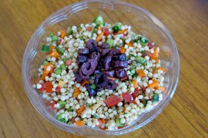 Israeli Couscous with Kalamata Greek olives (imported from Greece, not the boring canned olives!)  Delicious with vegan, soyfree Feta! at Couscous a Gogo in Beverly Hills