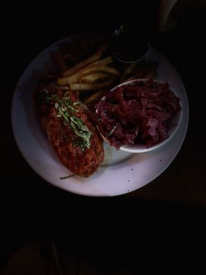 Vegan schnitzel, red, cabbage, and fries  at Wursthaus in Santa Ana