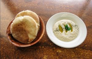Baba ghanoush And home made pita bread at Amena Bakery and Cafe in Las Vegas