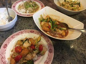 Wonderful Tofu in Tomato Sauce with mixed veggies and rice. at Ray's Place in Anchorage