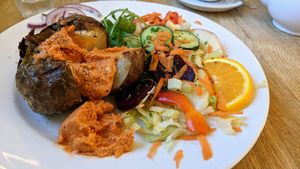 Jacket potato with red pepper houmous at The Sanctuary of Healing in Blackburn