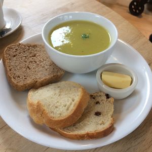 Soup of the day - Potato and Leek, served with freshly baked bread, made in the kitchen and butter (vegan spread available, not pictured). at The Sanctuary of Healing in Blackburn