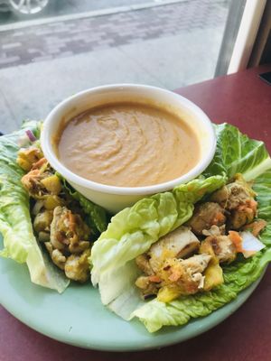 Sweet chili lime tofu in romaine “boats” served with homemade carrot ginger soup! V/GF glory!!! at SunShine Cafe - Front St in Keyport