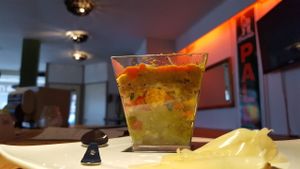 Avocado mousse ,fresh vegetables,eggplants mousse with tahini sweet red pepper cream and fresh herbs  at Traffic in Amsterdam