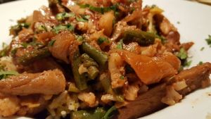 VEGAN CHICKEN WITH PUMPKIN,GREEN BEANS, BASIL SOYA SAUCE WITH RICE at Traffic in Amsterdam