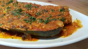 stuffed ZUCCHINI with bulgur raisins spinach in tomato sauce  at Traffic in Amsterdam