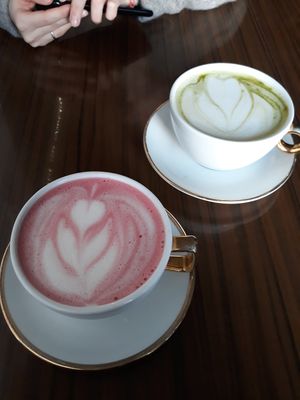 Beetroot and matcha latte with oat milk at LAS in Sopot