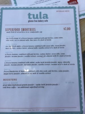 smoothie menu at Tula Gluten Free Bakery Cafe in Portland
