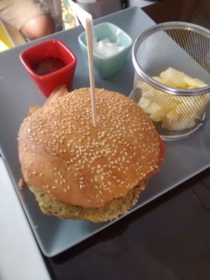 Vegan burger at Pura Vida Vegan Bar in Madrid