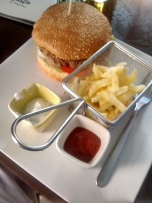 Vegan burger  at Pura Vida Vegan Bar in Madrid