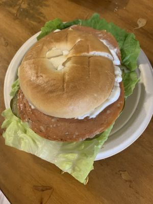 Vegan salami sandwich on a plain bagel  at Kaya's in Kawanui