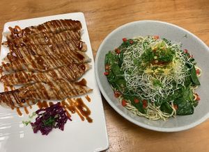 Dumplings and pesto noodles  at Vegan Buffet in Hamilton