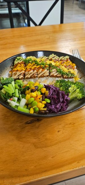 Tempeh and rice dish at Vegan Buffet in Hamilton