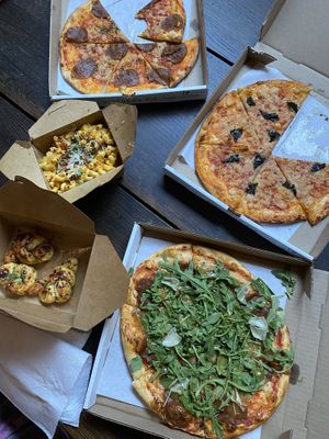 Pizzas, Mac n cheese skillet and garlic knots  at Virtuous Pie  in Vancouver