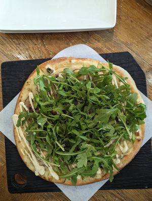 Pizza!!! Mushrooms, cashew cheese, arugula at Virtuous Pie  in Vancouver