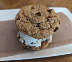 Virtuous Pie is 100 percent vegan with pizza and handcrafted ice cream sandwiches! Scoop of delicious vegan ice cream between two perfect chocolate chip cookies. at Virtuous Pie  in Vancouver