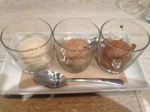 Ice Cream from left to right: Hawaiian Vanilla, coffee and donut, salted caramel chocolate at Virtuous Pie  in Vancouver