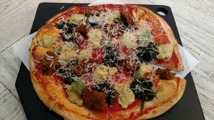 Meatball Pizza at Virtuous Pie  in Vancouver