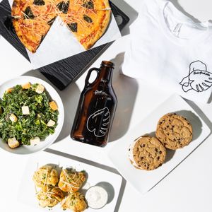 Margherita Pizza, Kale Caesar Salad, Ice Cream Sandwiches, and Garlic Knots at Virtuous Pie  in Vancouver