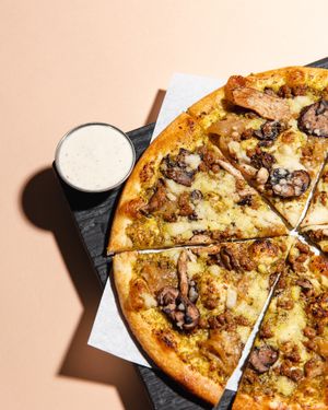 Forager Pizza w/a side of Garlic Ranch at Virtuous Pie  in Vancouver