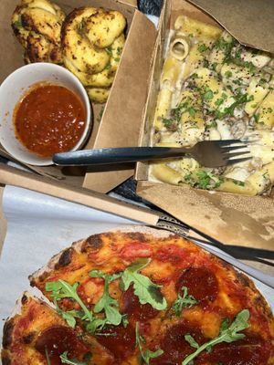 garlic knots, Alfredo, and pepperoni pizza   at Virtuous Pie  in Vancouver