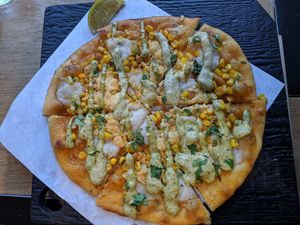 Mexican Corn pizza, mmmm. at Virtuous Pie  in Vancouver