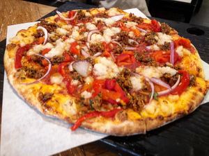 Sweet pepper + sausage (spicy) at Virtuous Pie  in Vancouver