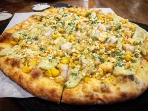 Street corn delicious ( i would add arugula ) at Virtuous Pie  in Vancouver