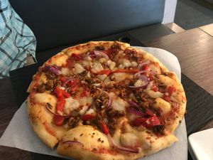 Sweet pepper and sausage pizza at Virtuous Pie  in Vancouver