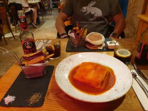 Francesinha and sweet potato chips at 26 Vegan Food Project in Lisbon